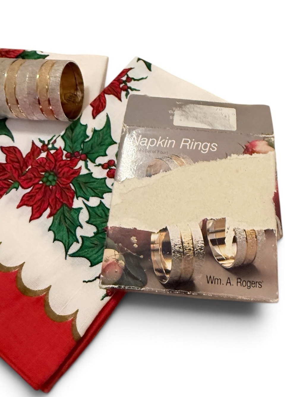 Vintage Poinsettia Holiday Cloth Napkins with NIB Napkin Rings in Gold & Silver - Picture 4 of 14